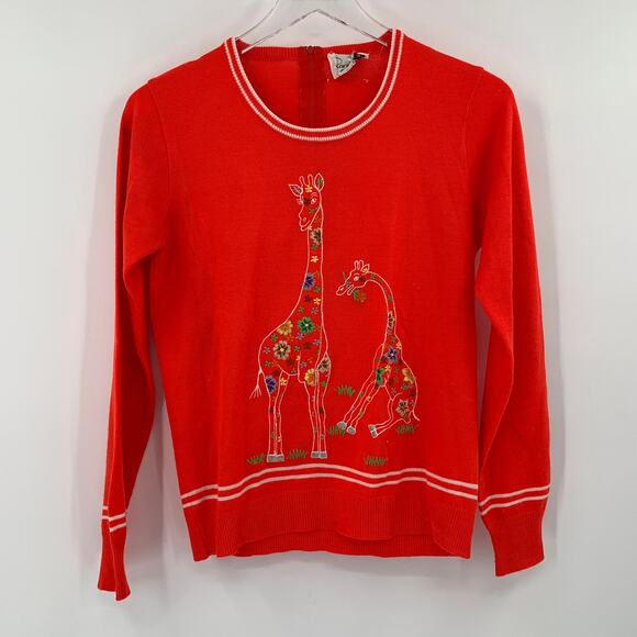 2/$30 Vintage Giraffe Sweater Size S Neon Orange Red Embroidered Rochelle - Picture 6 of 8